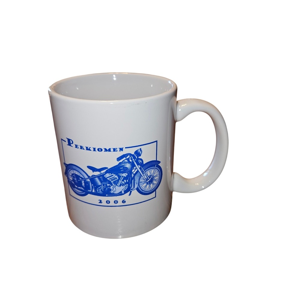M Ware China Perkiomen 2006 Vintage Motorcycle Coffee Mug White Blueβ Graphic